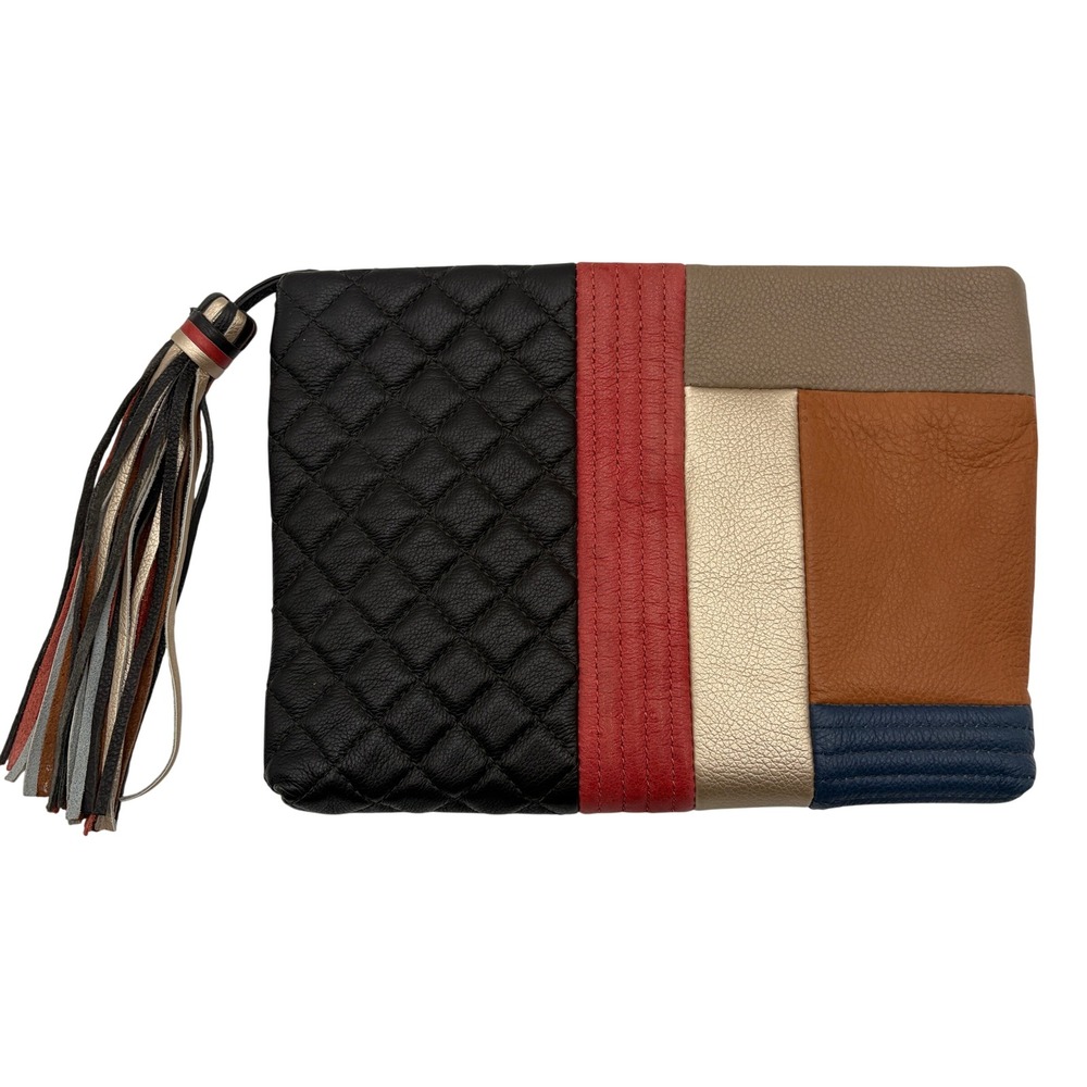 Margot Colorblock Leather Tassel Clutch Bag Quilted Patchwork Multi Small Chic